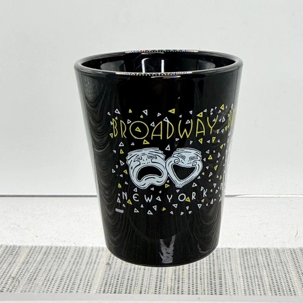 Vintage 1993 Broadway New York Shot Glass Black Ceramic Theater Masks Drama NYC
